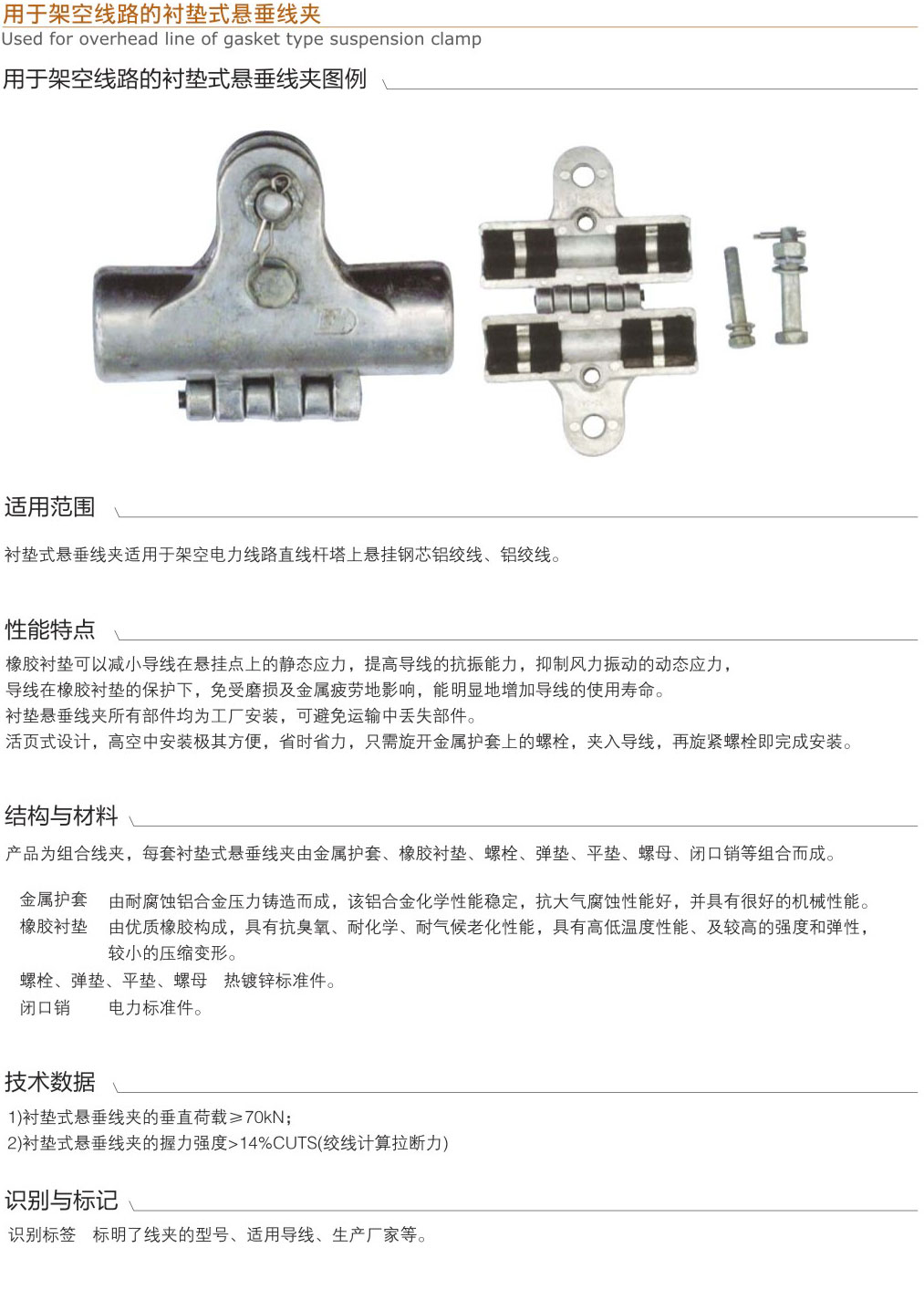 用于架空線路的襯墊式懸垂線夾